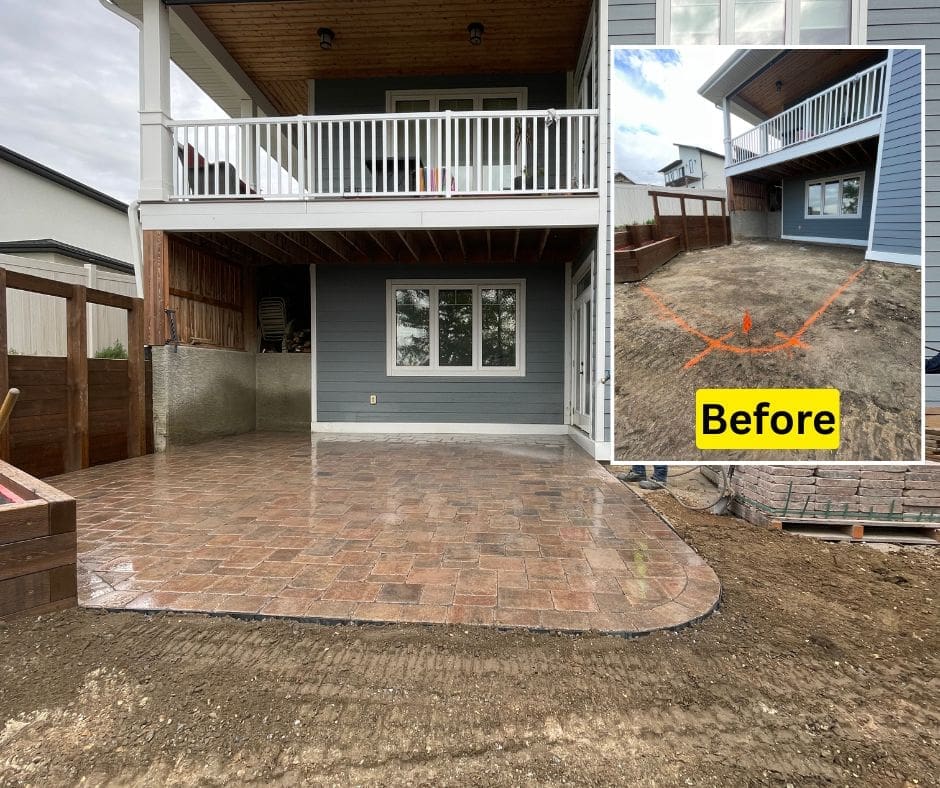 Backyard Patio Outdoor landscaping with Roman paver walkway and patio in Regina