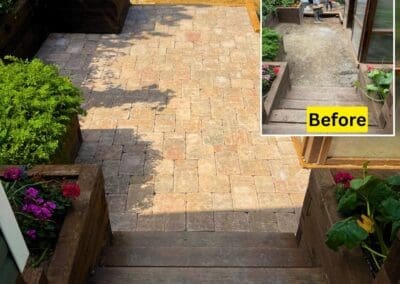 Backyard patio with Roman pavers and garden area