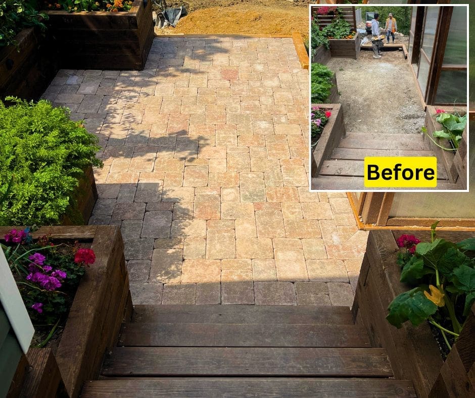 Backyard patio with Roman pavers and garden area